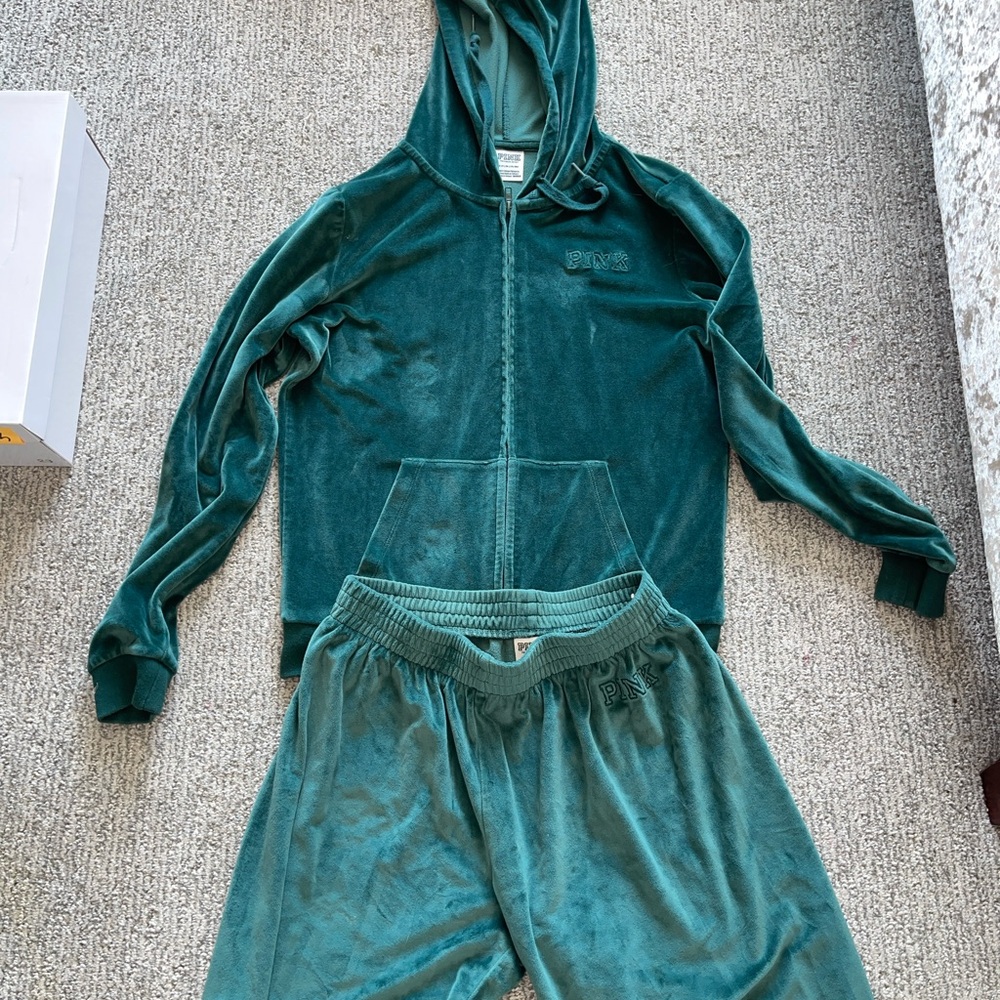 Victoria Secret Pink Green Velour tracksuit size small top medium bottoms